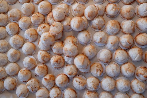 Freshly baked coconut macaroons on a baking tray, Bavaria, Germany, Europe