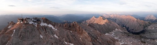 Alpine panorama, aerial view, Zugspitze and Zugspitze railway, high mountains, Bavaria, Germany,