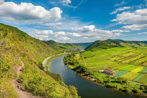 Via ferrata on the Bremmer Calmont, view of the Moselle loop and the ruins of the Stuben monastery,