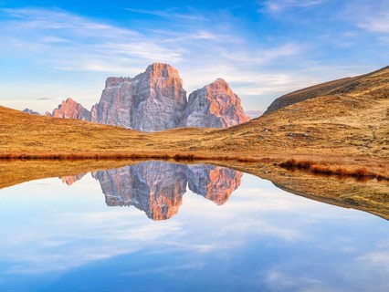 Laghetto di Baste, Belluno, Pelmo Massif, sunset, Mondeval Plateau, Passo di Giau, Dolomites,