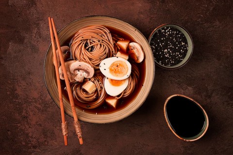 Asian soba soup, with mushrooms and egg, cheese, sesame seeds, homemade, no people