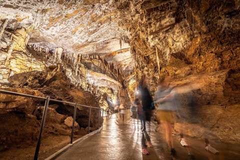 Tourists walking on a concrete footpath inside the famous postojna cave in slovenia, illuminated by