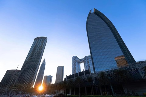 UAE, Dubai downtown financial skyline and business shopping center near Dubai Mall