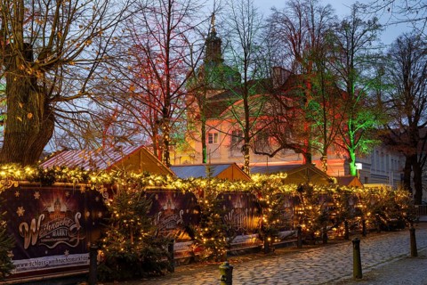 Stalls with Christmas decorations, Christmas market at Charlottenburg Palace, Blue Hour, Berlin,
