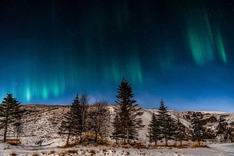 Beautiful image of a vibrant green and multi-colored Aurora Borealis, Aurora Polaris, also known as