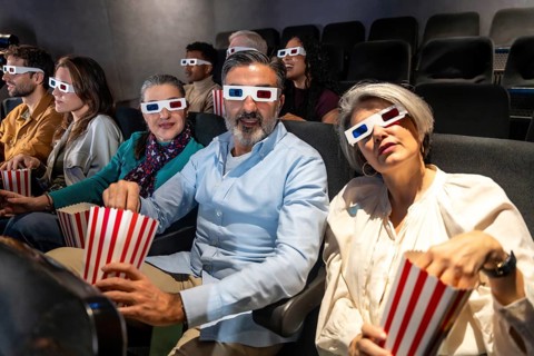 People of different ages and ethnicities wearing 3d glasses and eating popcorn while watching a