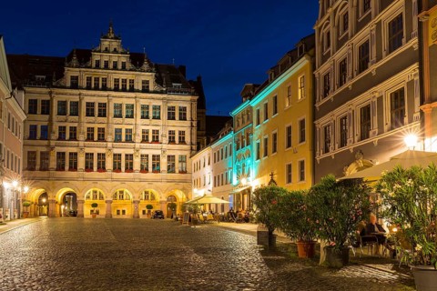 New town hall at Untermarkt by night, Görlitz, Saxony, Germany, Europe