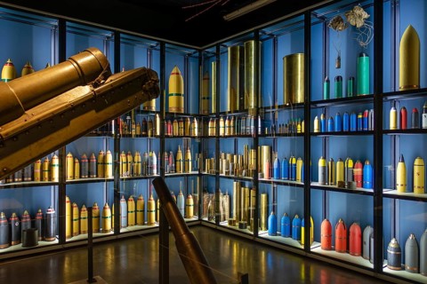 British and German WW1 colour coded artillery shells at WWI Passchendaele Museum about the Third