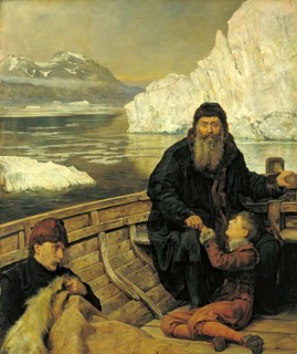 A man and a boy sit in a small boat in a cold, icy landscape. The last voyage of Henry Hudson, the