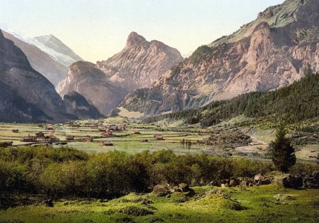 Kandersteg village, Bernese Oberland, Switzerland, Historic, digitally restored reproduction from a