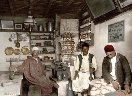 Moorish coffee house, Algiers, Algeria, ca 1890, Historical, digitally restored reproduction from a
