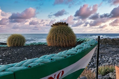 Discarded boat as flower pot, cactus, evening sky by the sea, fish restaurant in El Golfo, Yaiza,