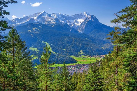 View from Wank 1780m to valley, village and Zugspitzgruppe 2962m, Garmisch-Partenkirchen,