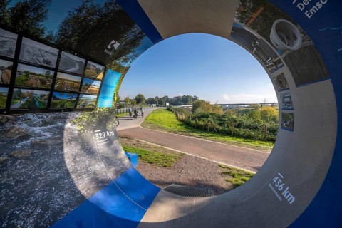 Original sewer pipe element of the Emscher sewer as an information stand in Emscherland, a new