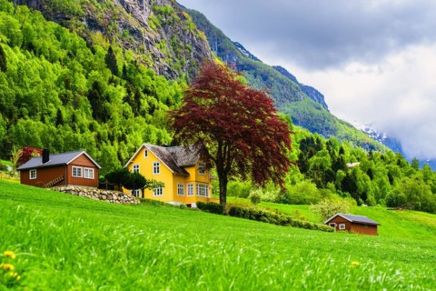 Mountains and Fjord over Norwegian Village, Olden, Innvikfjorden, Norway, Europe
