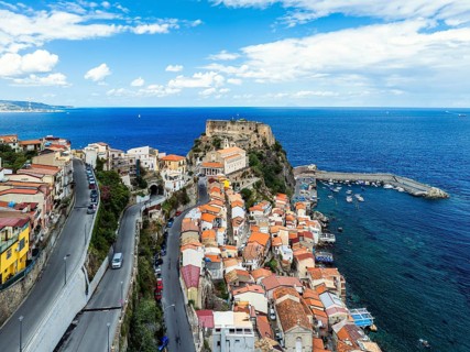 Scilla from a drone, Calabria, Italy, Europe