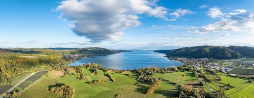 Aerial view, panorama of the Stockach Aach estuary with autumnal vegetation at the northwest bay of