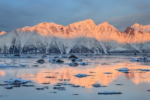 Morning light, mountains, snowy, reflection, sea, coast, fjord, winter, Lyngen Alps, Norway, Europe