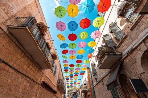 Jerusalem, Israel, Nahalat Shiva tourist promenade and colorful umbrella street of Old City, Asia