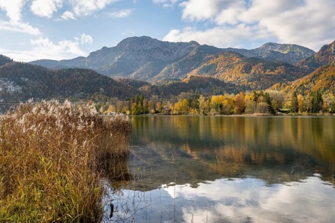 On the shore of Lake Lake Kochel with reflection, autumn landscape with mountain peaks Herzogstand