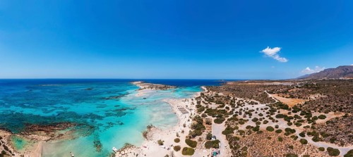 Drone shot, Elafonissi beach, south-west Crete, Crete, Greece, Europe