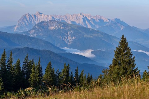 View from the Chiemgau Alps to the Wilder Kaiser in Tyrol, with the Unterberghorn in front,
