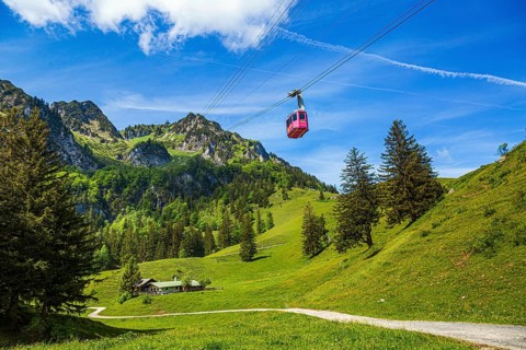 The Hochfelln cable car travels over green meadows and fir trees against a backdrop of impressive