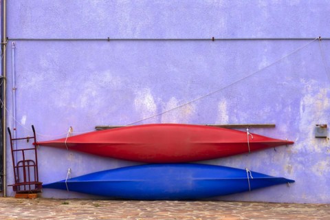 Two paddle boats attached to a wall, Burano, Veneto, Italy, Europe