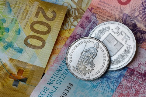 Swiss coins on banknotes, Switzerland, Europe