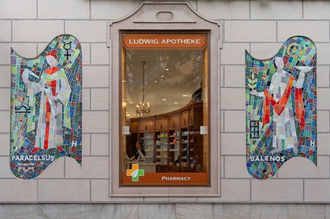 Modern mosaic pictures of Paracelsus and Galenos, on the facade of a pharmacy, Bad Kissingen, Lower