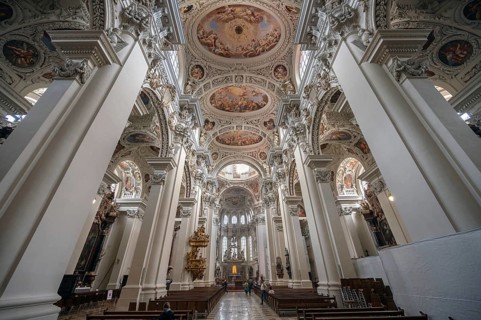 Interior with baroque stucco and ceiling fresco created in the 17th century, Passau Cathedral,
