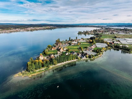 Aerial view of the north-western tip of the island of Reichenau in Lake Constance, with the