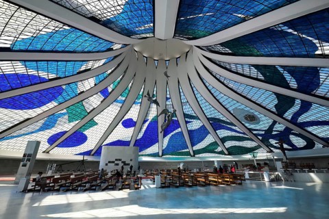 Interior of Roman Cathedral of Brasilia or Metropolitan Cathedral of Our Lady of Aparecida,