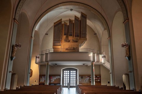 Organ loft of the Church of St John the Baptist, Siegen, North Rhine-Westphalia, Germany, Europe