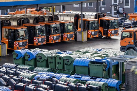 Hagener Entsorgunsbetriebe depot, refuse lorry, various refuse bins, containers, North