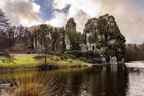 The Externsteine, a sandstone rock formation, Wiembecketeich, in the Teutoburg Forest, near