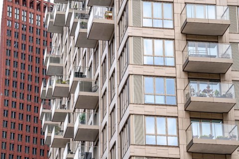 Facades with balconies of high-rise residential buildings, at the Turfmarkt, in the city centre