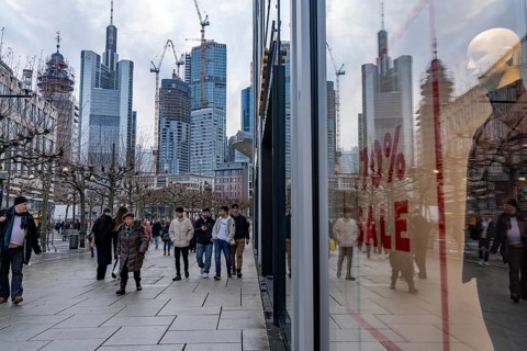 Zeil shopping street, pedestrian zone, winter weather, city centre skyline, sale, banking district,