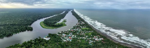 Aerial view, beach and sea, coast with rainforest, Tortuguero National Park, Costa Rica, Central