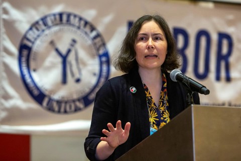 Chicago, Illinois, Labor Notes editor Alexandra Bradbury speaks at the 2024 Labor Notes conference.