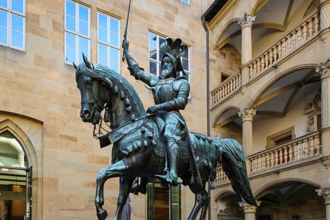 Equestrian statue of Count Eberhard im Bart, Eberhard I, Duke, bronze statue, public art, large