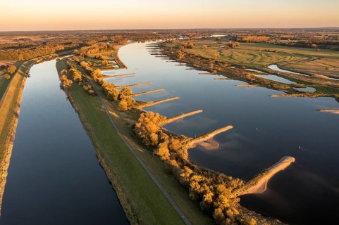 Aerial view of channel Gnevsdorfer Vorfluter and river Elbe at sunset, between Wittenberge and