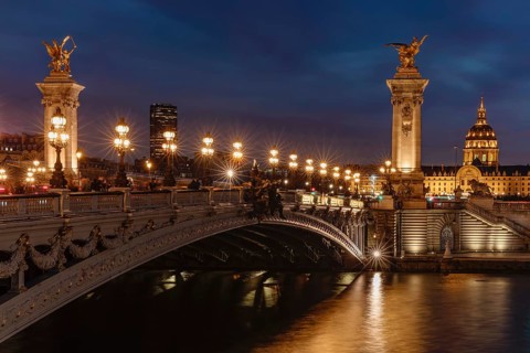 Pont Alexandre III, with Invalides Cathedral, Seine, Invalides, Paris, Ile de France, France,