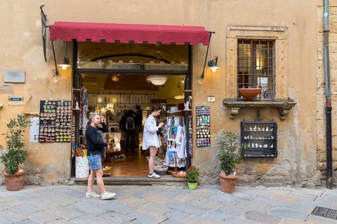 Tourist shop with alabaster in the Piazzetta San Michele in the historic centre of Volterra,