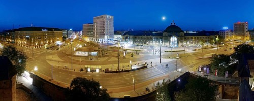 Aerial view, Bahnhofsplatz from left: Grandhotel, The Cloud One Hotel, central station, Diehl & Co