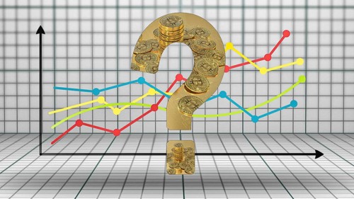 Symbol image, Bitcoin on question mark, stock market prices, insecure digital currency, resources,
