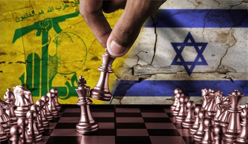 Israel vs Hezbollah flag concept on chessboard. War between Hezbollah and Israel. Conflict between