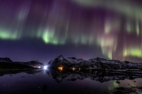 Northern lights over fjord, steep mountains, winter, aurora borealis, Flakstadoya, Lofoten, Norway,