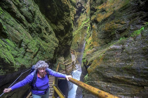 Woman on the climbing facility in the Raggaschlucht, Flattach, Carinthia, Austria, Europe