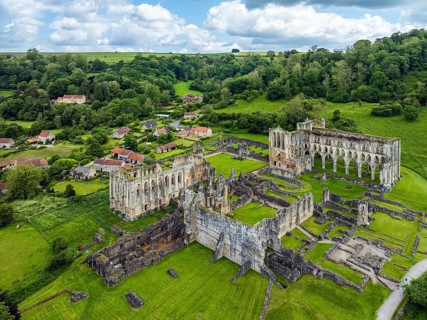 Rievaulx Abbey from a drone, North York Moors National Park, North Yorkshire, England, United